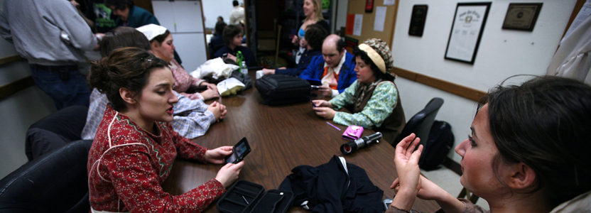 Actors gathered in the green room.