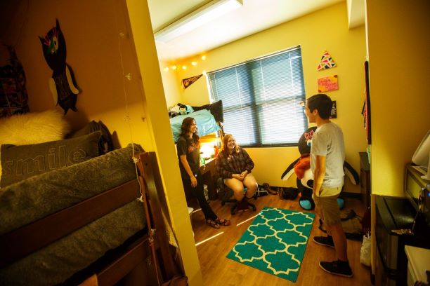 Legacy Hall, decorated interior, side 'B'. Three students are hanging out on the window side, side 'B,' of a Legacy Hall semi-private double room. There is a window along the far wall which is currently covered by blinds. The loft bed is set along the left side of the room and has a desk under it. One student leans against the bed and her head barely reaches above the top of the mattress. The second student sits on a rolling chair next to the desk. A small rug lays in the center of the room. The third student stands on the right side of the room near the closet. Only a small part of the dresser can be seen in the closet from this angle. The photo was taken by someone standing on the 'A' side of the room looking into the 'B' side. The dividing wall between the two sides can be seen on the left as well as part of another loft bed along the dividing wall. A micro-fridge, microwave, and part of the in-room vanity sink can be seen on the left separating the two closets. 