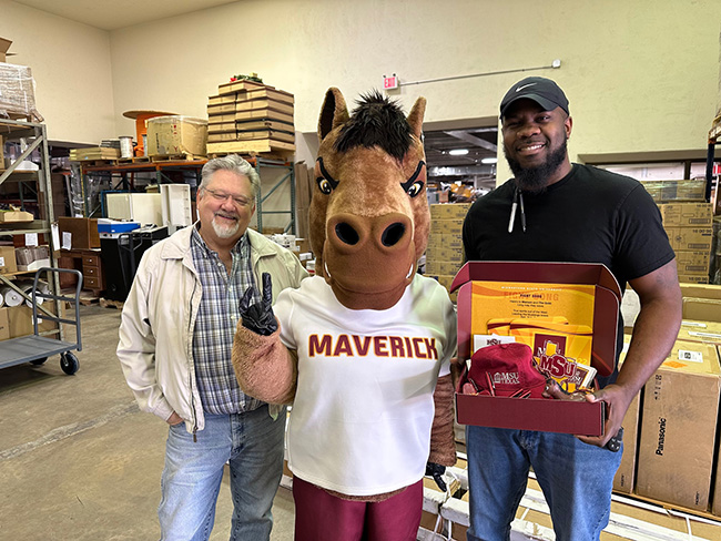 Delivering an MSU Texas spirit box to the Purchasing Warehouse on March 3, 2023.