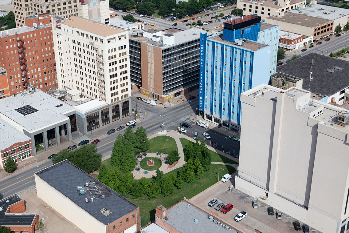 downtown skyline of wichita falls showing park and buildings