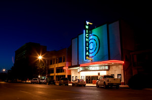 The front of the Wichita theatre at night