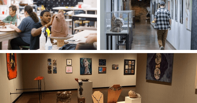 Collage of images of Fain's Art department and the Juanita Harvey Art Gallery.