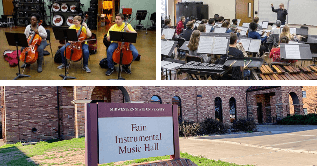 Collage of images of Fain's music department and the Fain Instrumental Music Hall.