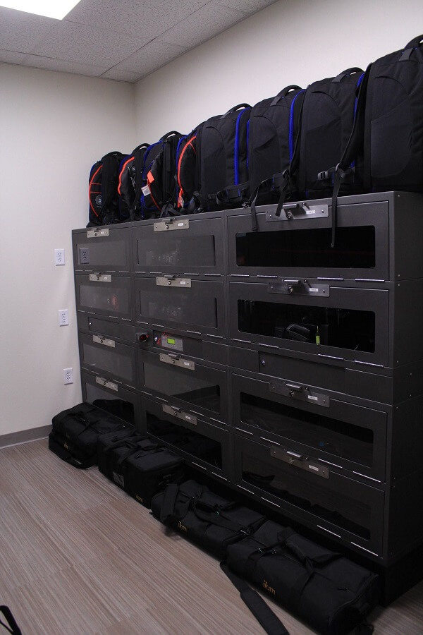 A view inside the camera storage room, where the lockers , cameras and additional filming equipment is, downstairs in the Mass Communication building.