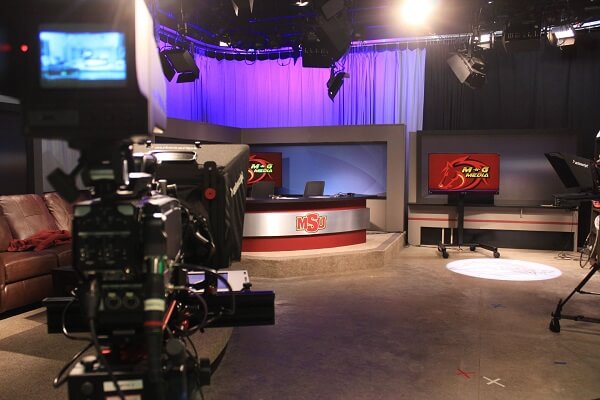 Inside the broadcast studio with some of the cameras showing, downstairs in the Mass Communication building.