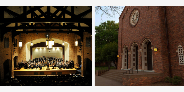 Collage of images of Akin Auditorium from the inside, and the outside.