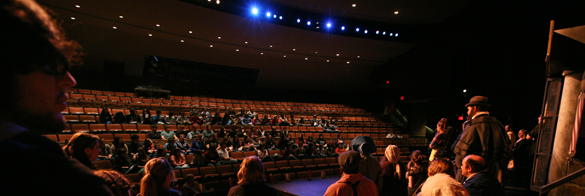 View of theatre stage facing into the audience.