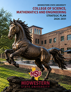 Photo of a Mustang in front of Bolin Science Hall, for the McCoy College of Science, Mathematics and Engineering Strategic Plan.