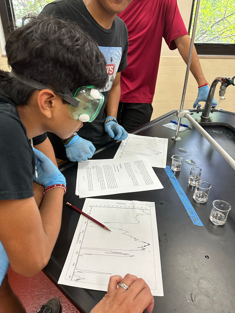 Students working together in a lab during the American Chemical Society road to college event.
