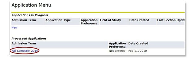 Shows Application Menu with Fall Semester 2010 Circled under a process application field. 