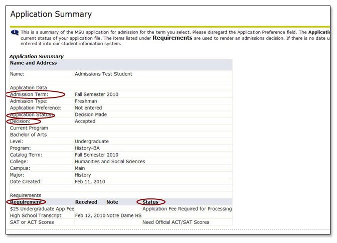 Shows Application Summary with Admission Term, Application status, Decision, Requirement and status Circled to show there locations on the page. First 3 are on the left side under name and address table column, while last two are table labels.  