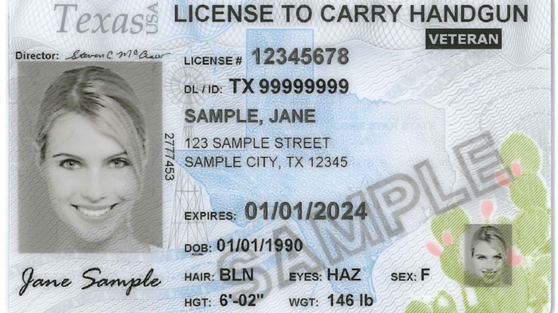 Texas License to Carry sample license