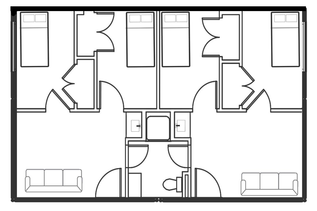 McCullough-Trigg Hall Floor Plan. Suite style room with two private rooms attached to a small living area. Each bedroom contains a bed, desk, closet with built-in shelves, a window, and a door that can be locked for privacy. The living area contains a coach, sink/vanity area and micro-fridge, and microwave. The main door to each suite is located in the living area and connects to the main hall. Four students share one bathroom which connects two small living areas together.