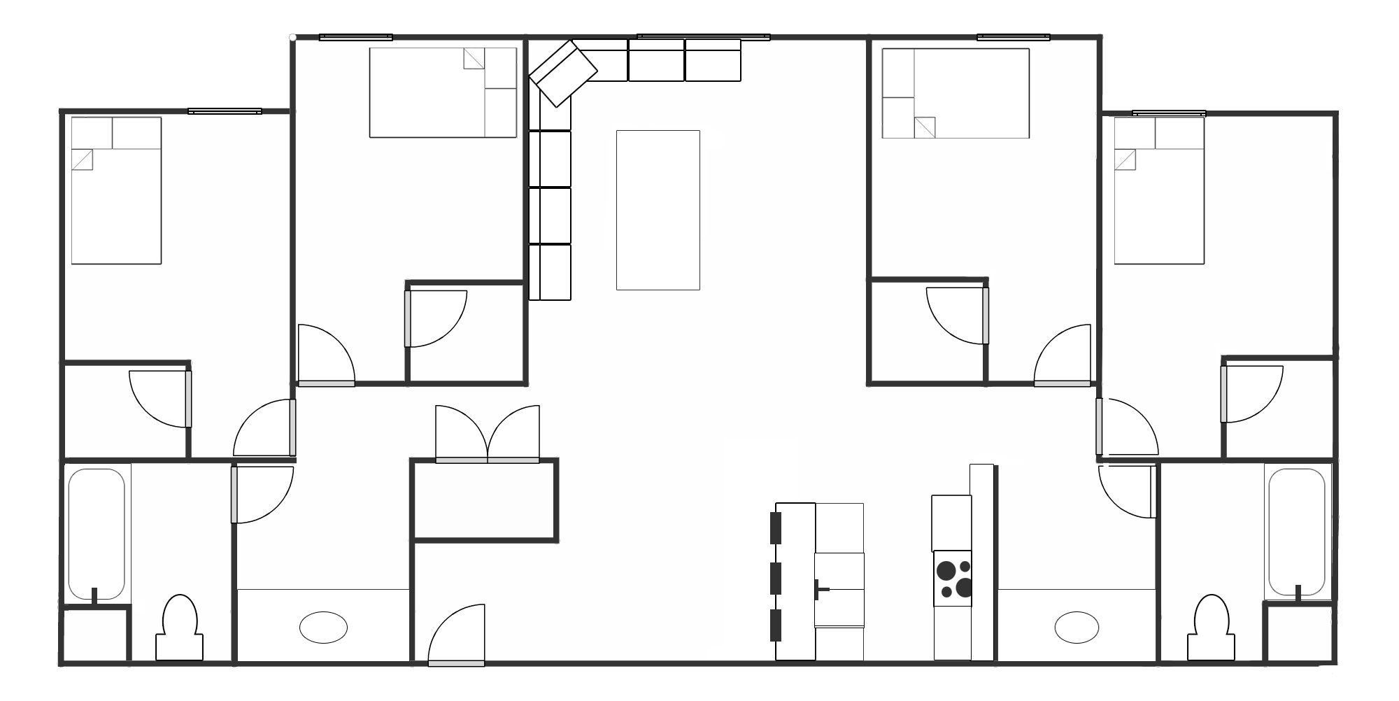 Sundance Court four bedroom, two bathroom blueprint layout.