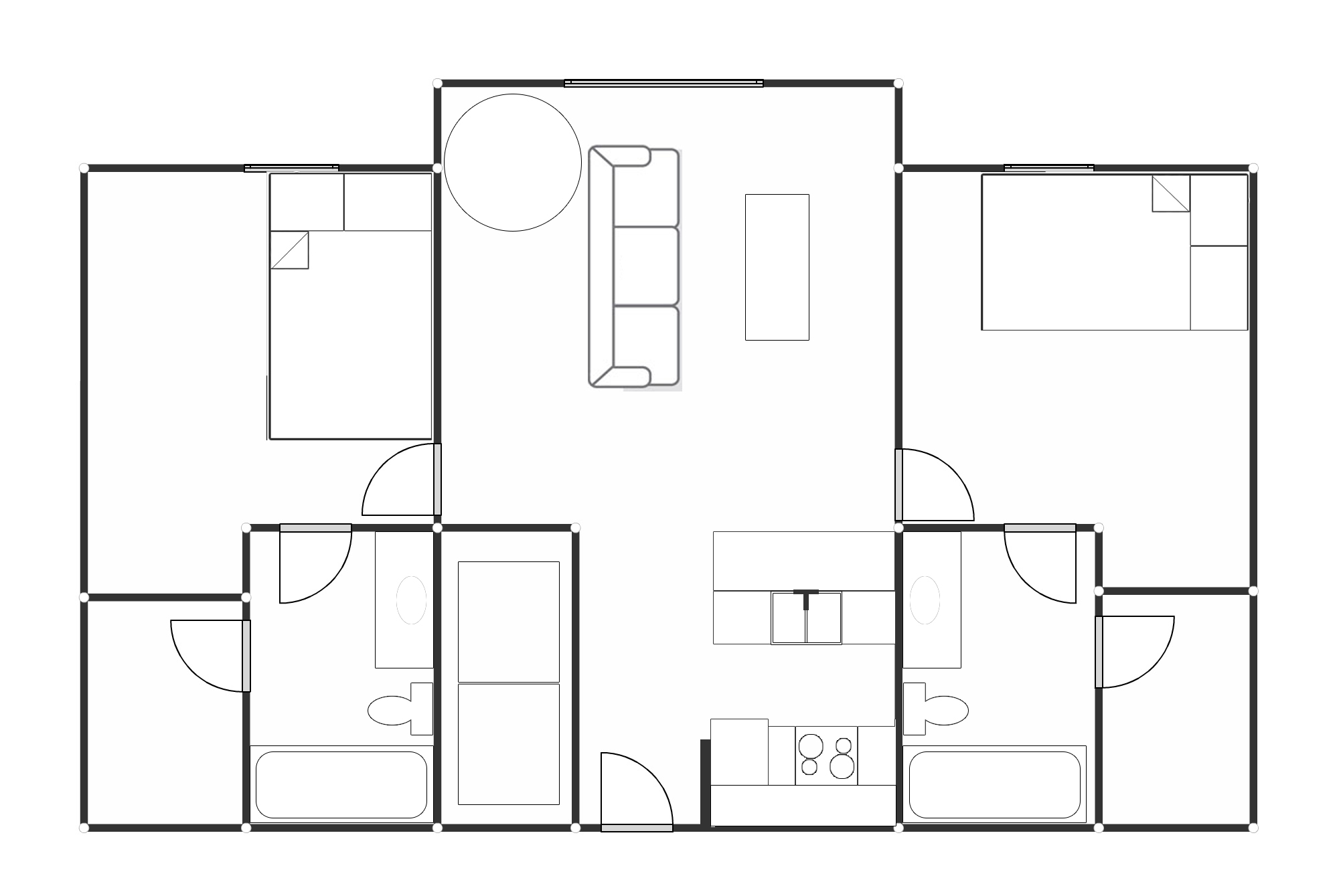 Sundance Court two bedroom, two bathroom blueprint layout.
