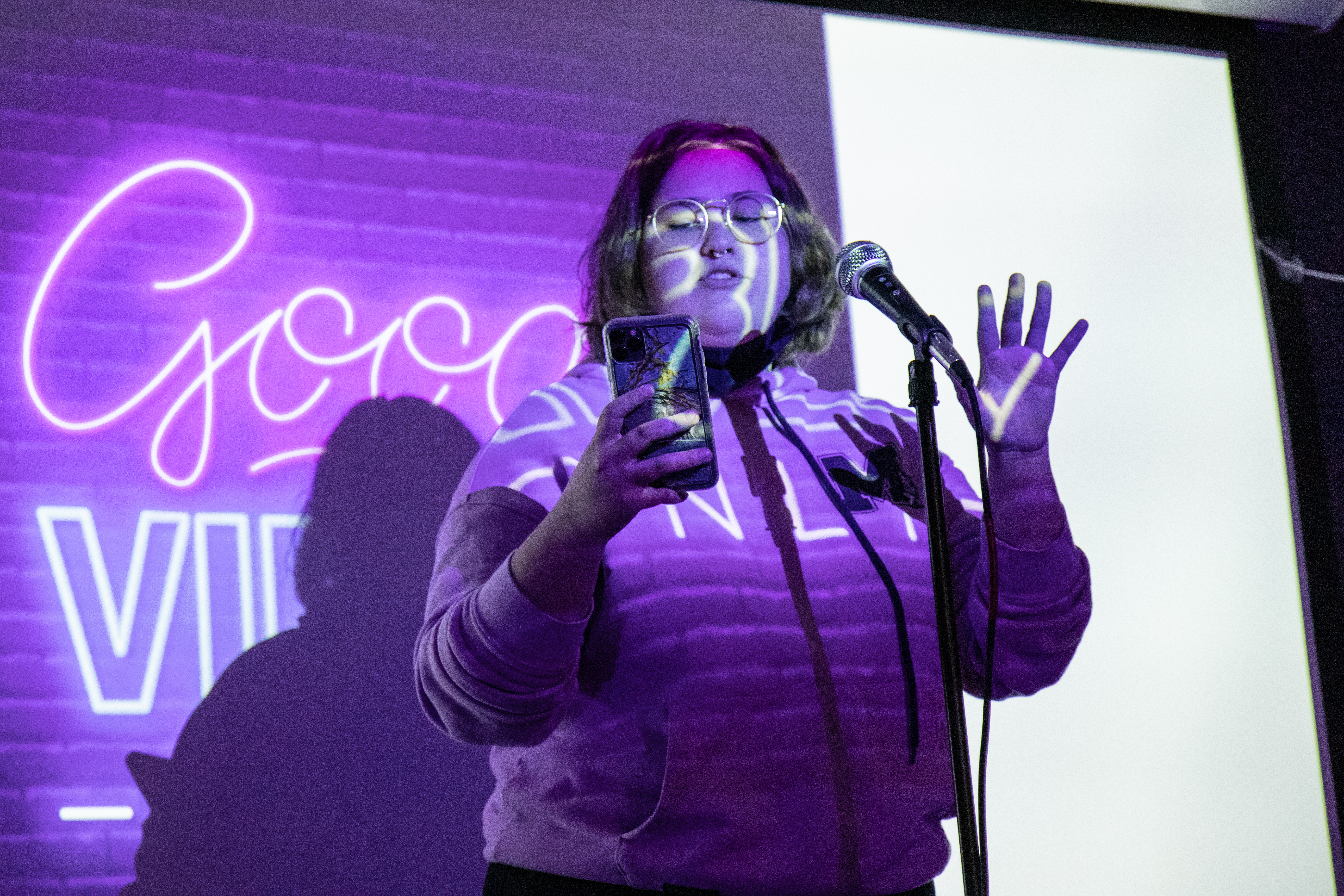 Student performing a piece of poetry at the great roast of 2020.