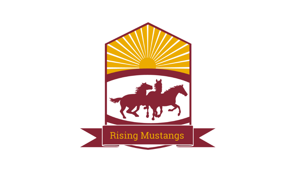 A crest, the top being made up of a rising sun motif, the middle three horses, and the bottom has a banner that reads "Rising Mustangs"