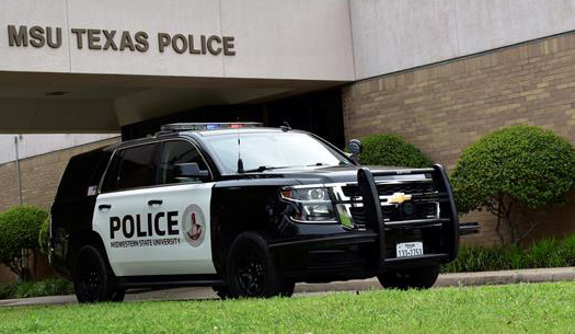 An MSU Texas police vehicle sits outside of the MSU Texas Police station.