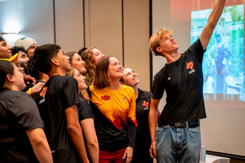 President Haynie with a group of students